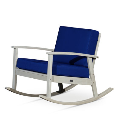 Eucalyptus Rocking Chair With Relaxed Navy Cushions, Driftwood Grey Surface For Patio Luxury