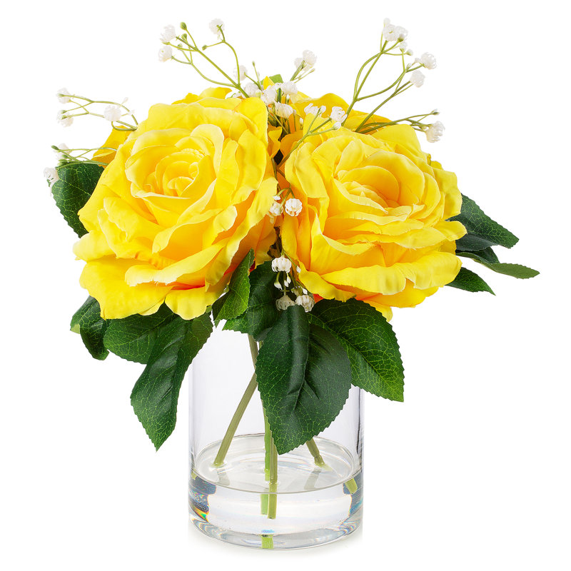 Roses en soie dans un vase, Jaune/vert