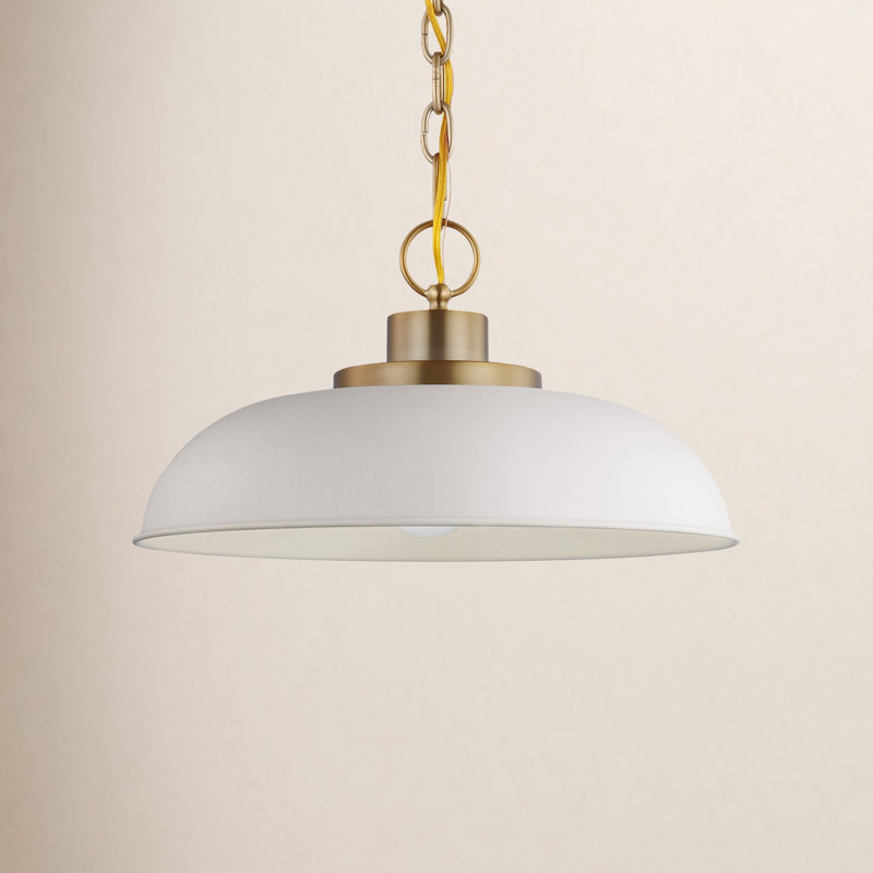 Eddy 1-Light Dimmable Steel Dome Pendant, 8" H x 15" W x 15" D, Matte White/Burnished Brass