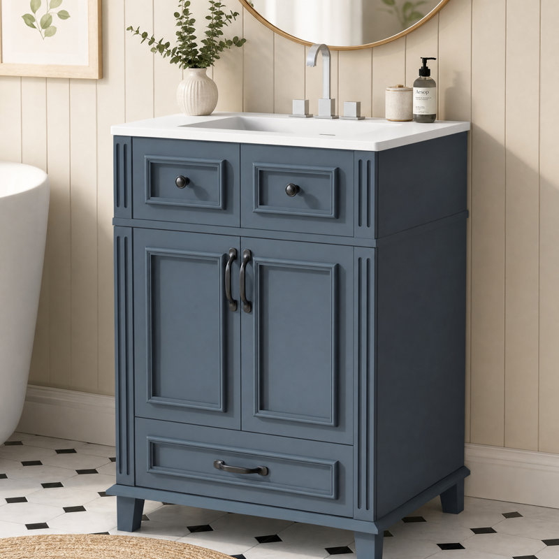24" Bathroom Vanity With Ceramic Sink, Solid Wood Frame, Soft Closing Doors & Ample Storage, Blue Retro Style - Blue, Blue