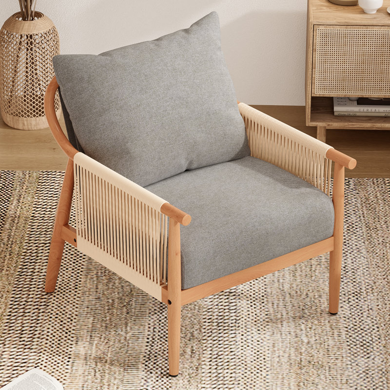 Fauteuil tressé en bois rembourré, Lin gris