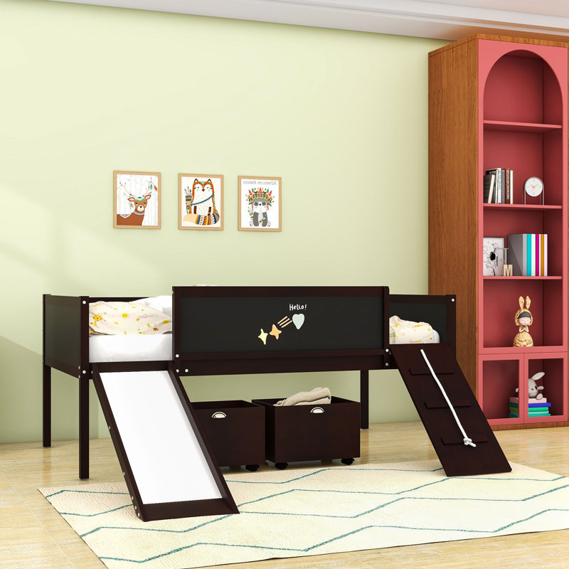 Lit mezzanine bas simple avec glissoire, tableaux noirs et boîtes de rangement, Espresso