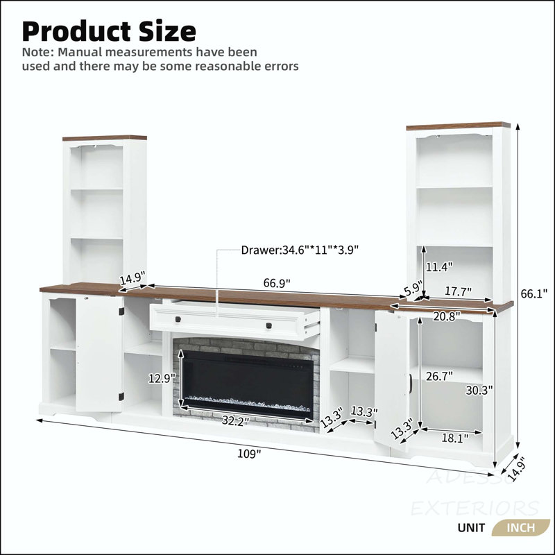 Meuble audio-vidéo 3 pièces avec foyer électrique, Oui, Blanc