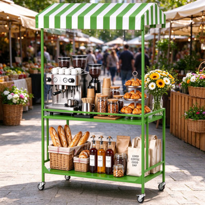 Foldable Metal Vendor cart, Party Cart, Outdoor Mobile Food Cart with wheels，Green
