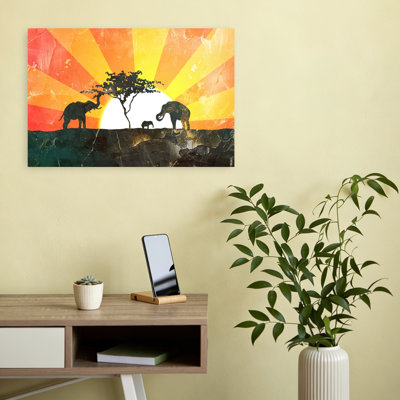 Savane, coucher de soleil, éléphants, art contemporain contemporain