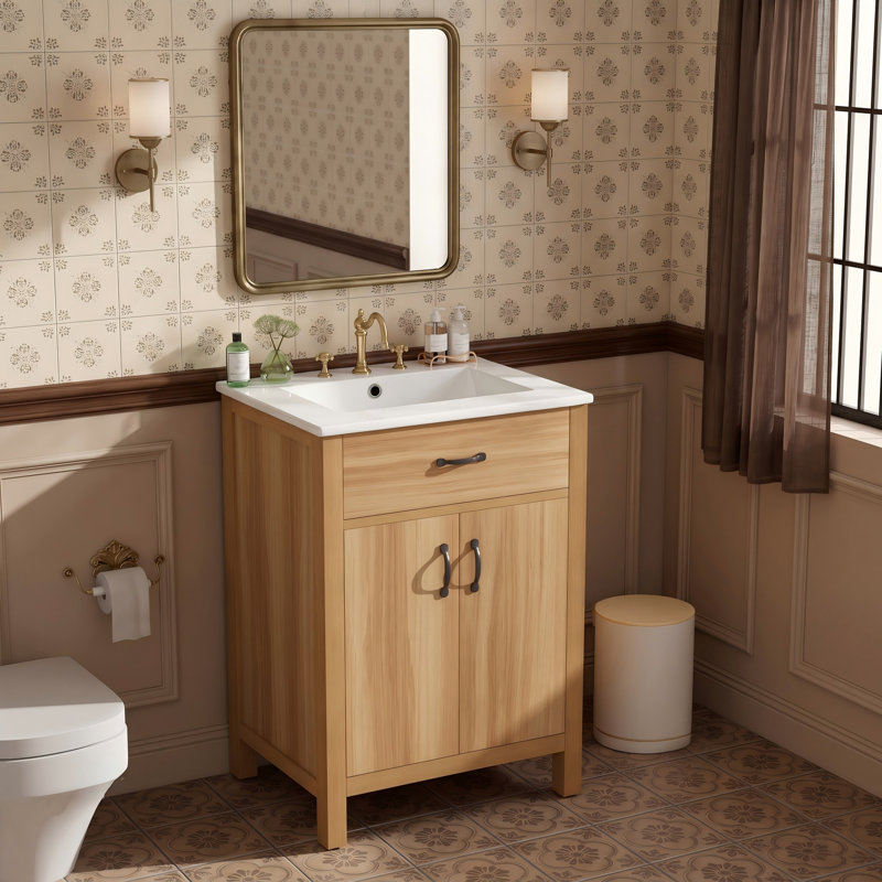 Meuble-lavabo simple 24 po avec lavabo en céramique, Bois