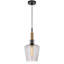 Luminaire suspendu, abat-jour rond en verre fumé, accent de bois brun, métal noir