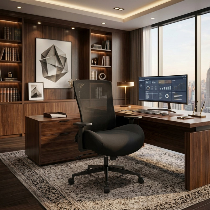 Swivel Desk Chair With Adjustable Armrests, Ergonomic Mesh Back And 5.5" Thick Cushion For Home Office, Black