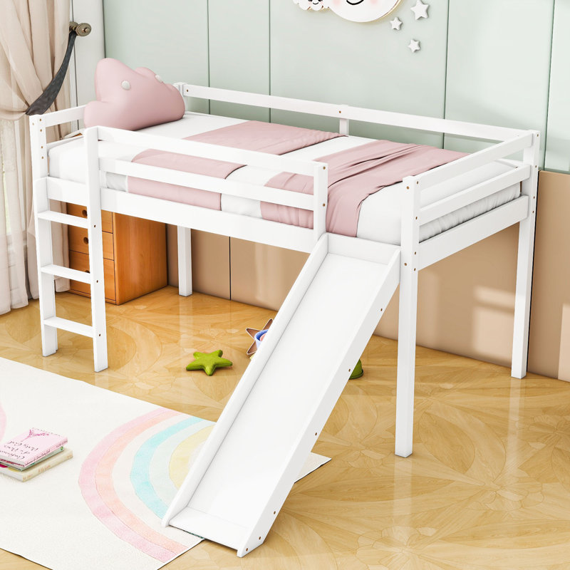Twin Wooden Low Loft Bed With Slide And Safety Guardrails, White