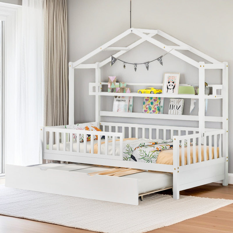 Lit en bois avec lit gigogne simple, Lit simple, White
