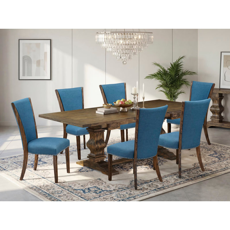 7 Piece Dining Set Consist of a Rectangle Dining Room Table with Removable Leaf and 6 Blue Color Linen Fabric Upholstered Chairs, Distressed Jacobean