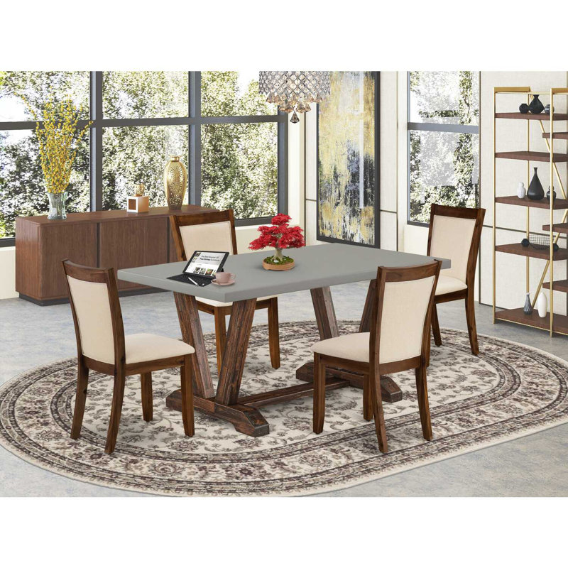 Solid Wood Top Dining Table with Chair with Lattice Back, Cement, 5