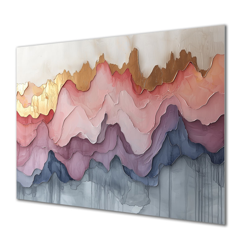 «Abstract Gold and Pink Ink River», impression murale abstraite à l'encre liquide en métal, H 30 po x l 40 po