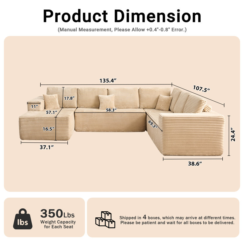 4-Piece Modular Sectional Floor Sofa In Plush Corduroy, No Assembly Needed, Cloud Couch For Living Room, Left Hand Facing