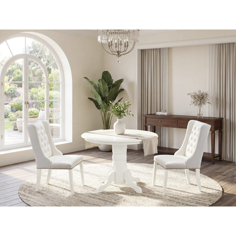 3 Piece Dining Set Contains a Round Dining Room Table with Pedestal and 2 Light grey Faux Leather Upholstered Parson Chairs, Linen White