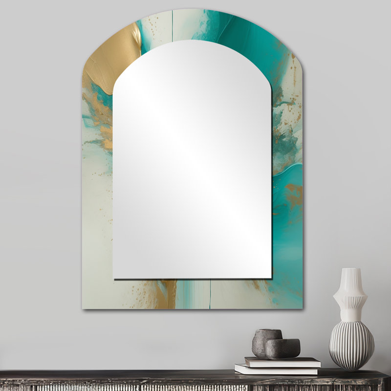 Gold And Turquoise Marble Fuild Ink II - Marble Asymmetrical Decorative Wall Mirror, Modern Arch Mirror, Printed Metal Art