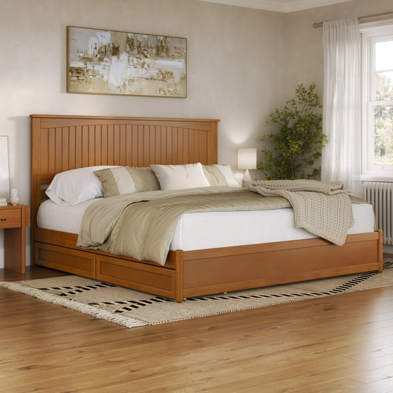 Lamaiyah Solid Wood Platform Bed with Footboard and Storage Drawers, Light Toffee, King
