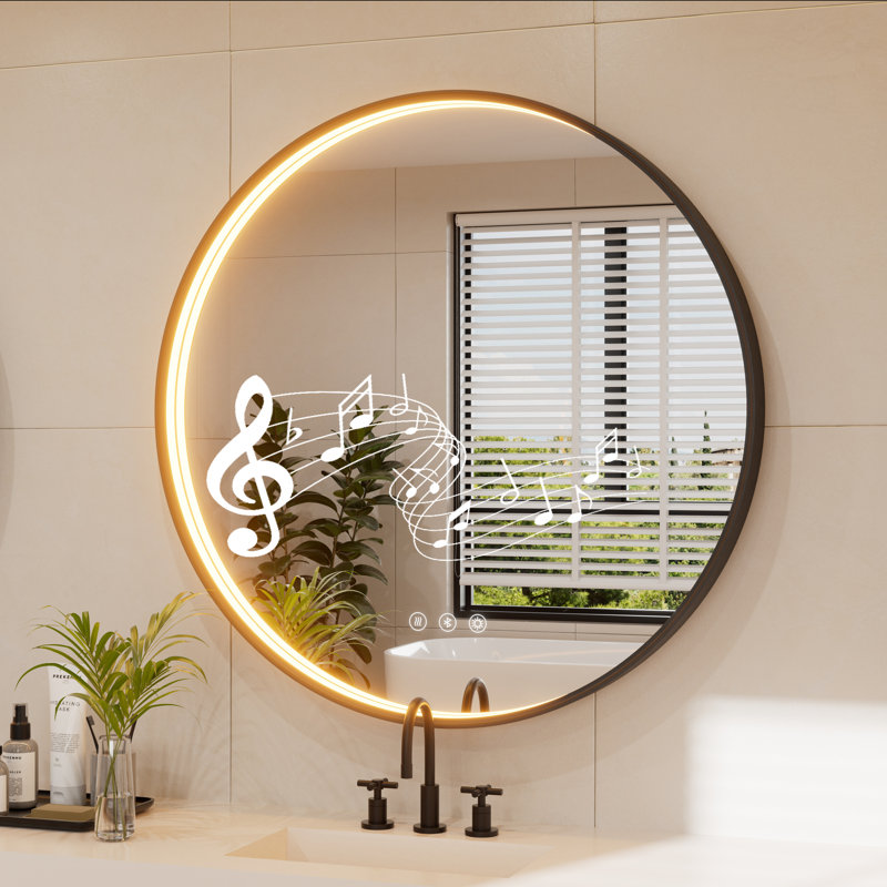 Miroir de salle de bain Bluetooth Bluetooth, 36 po x 36 po, Noir mat