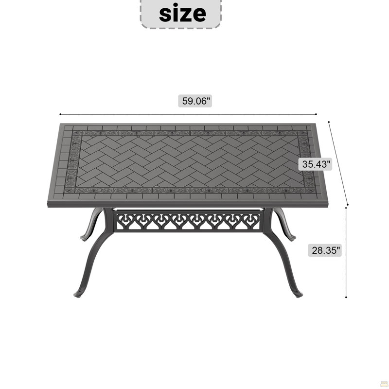 Table de salle à manger en fonte d'aluminium avec cadre noir et texture sculptée sur le plateau de table