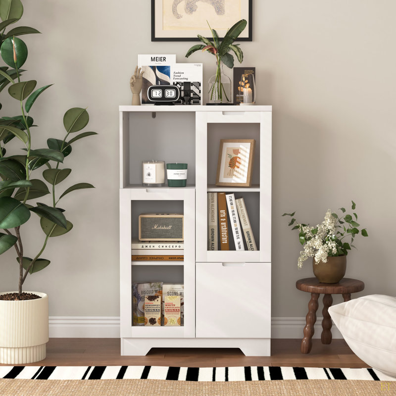 Armoire peinte en panneau de fibres à densité moyenne avec portes et tiroir en verre, espace de rangement ouvert, chambre à coucher, salon