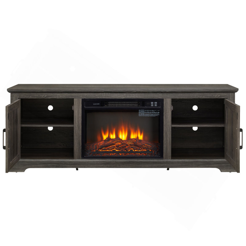 Armoire à porte en rotin naturel avec tablette réglable en bois, console de campagne en rotin pour téléviseur de 70 po ou moins, meuble télé avec foyer encastré de 23 po, l 65 po x P 15,55 po x H 23,86 po, GRIS