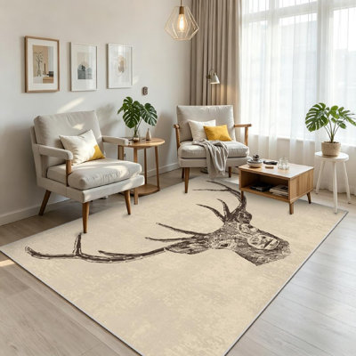 Black Machine Washable,Deer Head Style Vintage Drawn Animal Antlers Buck Block White Art Indoor Area Rug