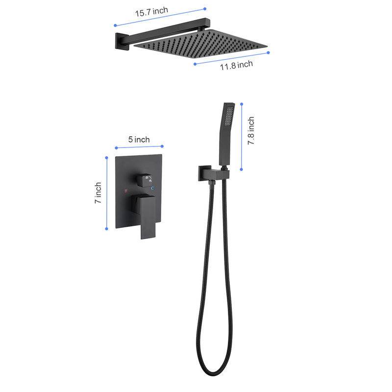 12" Rain Shower Head System, Matte Black Wall Mount, Brass & Stainless Steel, Bathroom Rejuvenate Again Comforting, Black