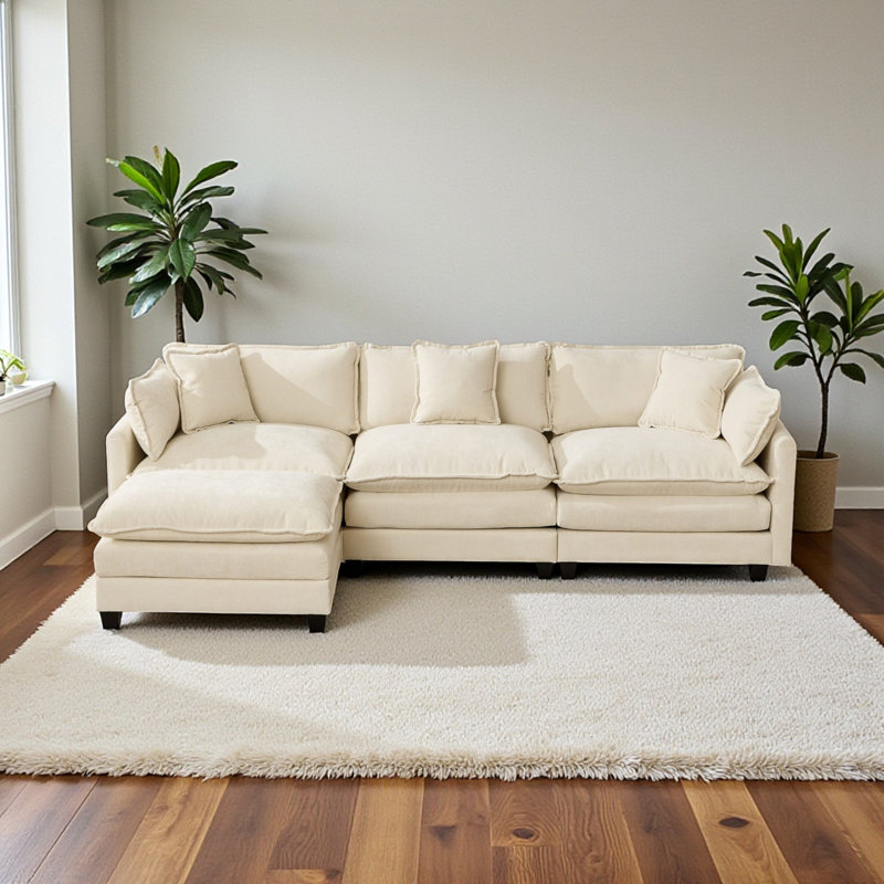 Geneveve 113.8"W Chenille Upholstered Sofa With Ottoman, 5 Compressed Pillows & Compressed Foam Cushions, Beige Chenille