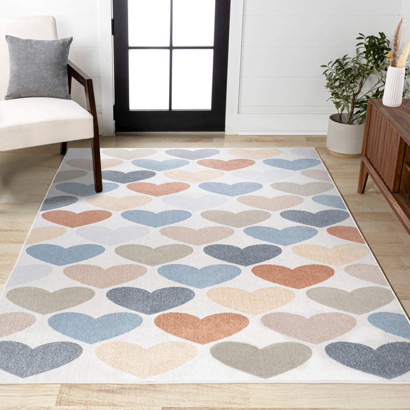 Dila Modern Hearts Geometric Machine-Washable Ivory/Blue/Orange Rug, Rectangle 7'10" x 10'2"