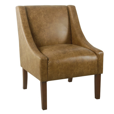 Accent Chair, Distressed Brown Faux Leather With Sloped Arms