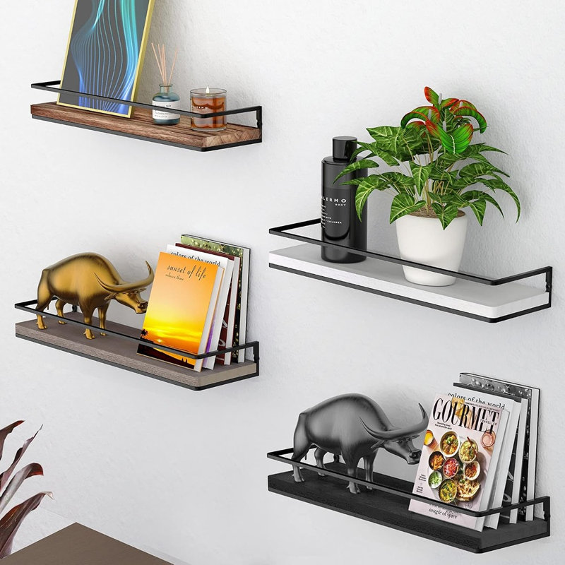 Ensemble de 2 tablettes murales flottantes noires, étagères de rangement murales en bois rustique pour chambre à coucher, salon, salle de bain et cuisine