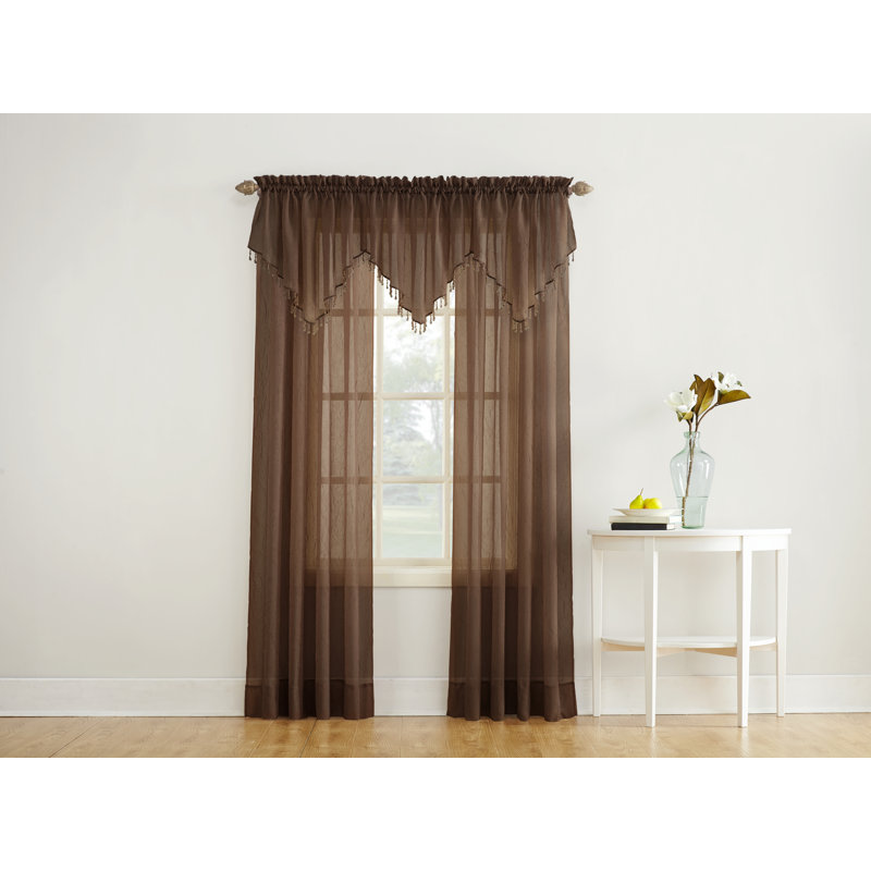 Mardis Beaded Tassels Crushed Sheer Voile Ascot Window Valance, Taupe