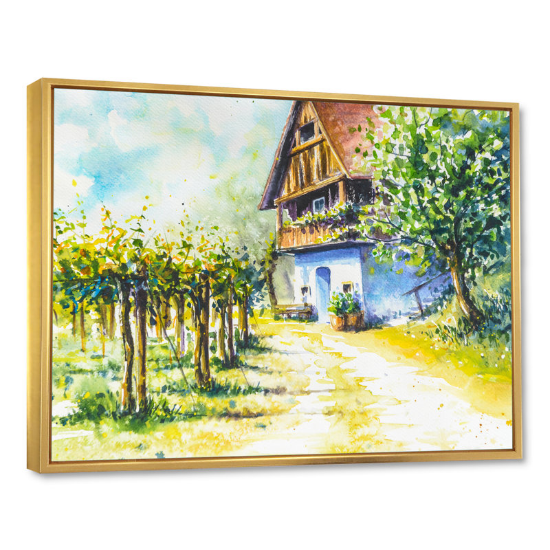 Maison près du vignoble - Peinture sur toile, H 17 po x l 33 po, Cadre doré