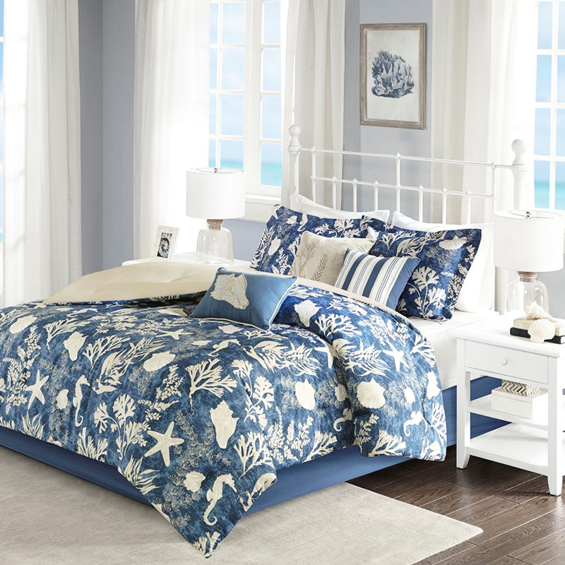 7 Piece Comforter Blue Queen Cotton Classic Design Alluring Look
