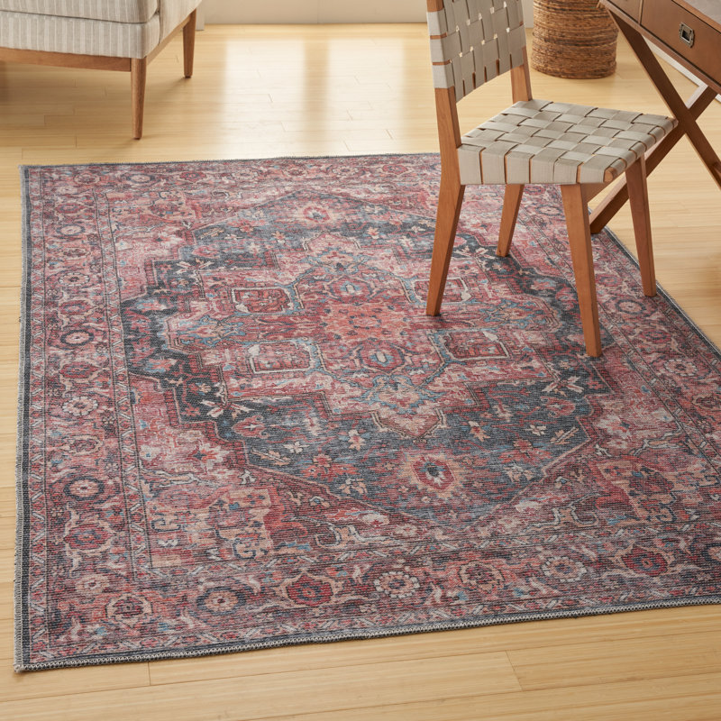 Tapis oriental bleu / rouge brique lavable à la machine, Rectangle 6 pi x 9 pi