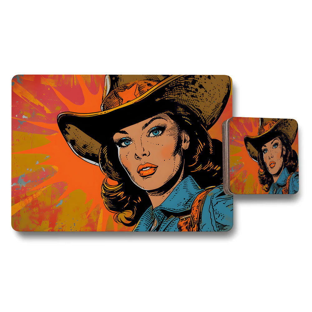 Pop Art Placemats And Coaster Set Featuring Vintage Woman Portrait