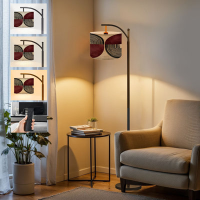  Lampe sur pied arquée à l'esthétique géométrique abstraite contemporaine à deux formes arc-en-ciel, grande lampe sur pied moderne, abat-jour réglable en lin à 3 couleurs