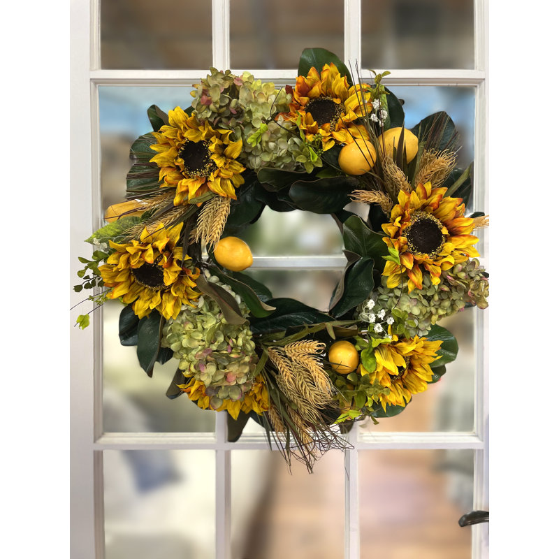 26" Fall Wreath With Sunflowers, Hydrangeas And Lemons