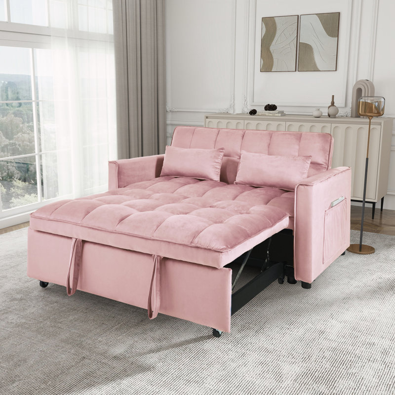 3-in-1 Convertible Sofa Bed With Reclining Backrest, Pull-out Couch With Pillows, Pink Fabric