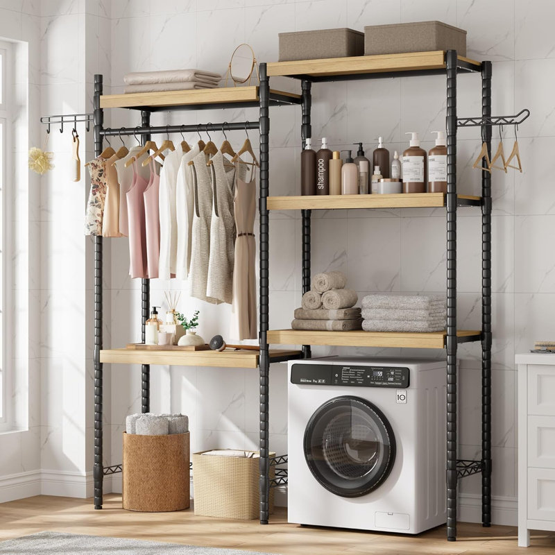 Laundry Room Organization And Storage, 5 Tier Wood Over The Washer And Dryer Storage Shelf With Drying Clothes Racks