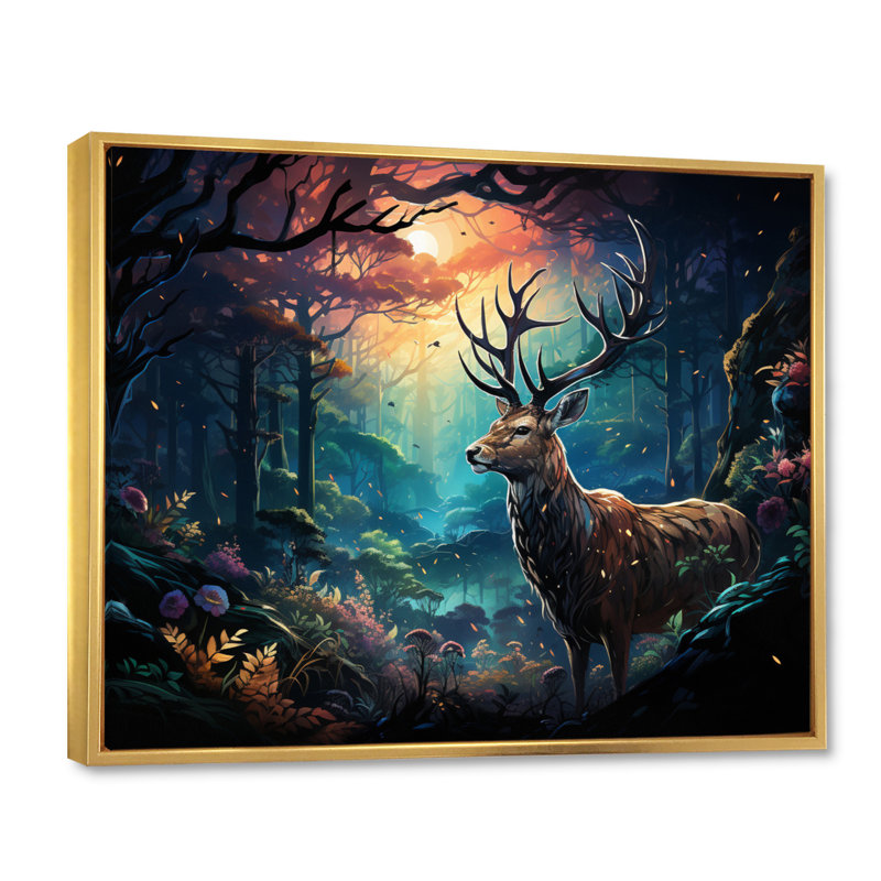 Art mural sur toile, "Deer Enchanted Forest I", Cadre flottant doré, H 30 po x l 40 po x P 1,5 po