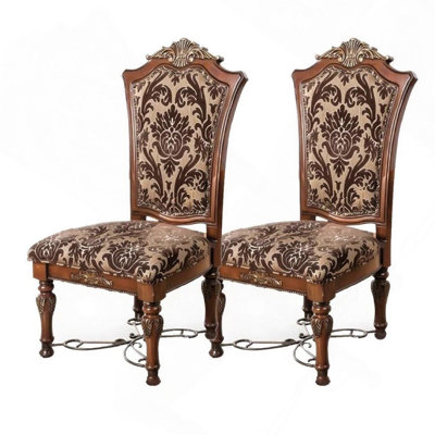 Traditional Fancy Set Of 2Pcs Side Chairs Brown Cherry Solid Wood Intricate Carved Details Floral Design Print Fabric Seats Formal Dining Room Furniture