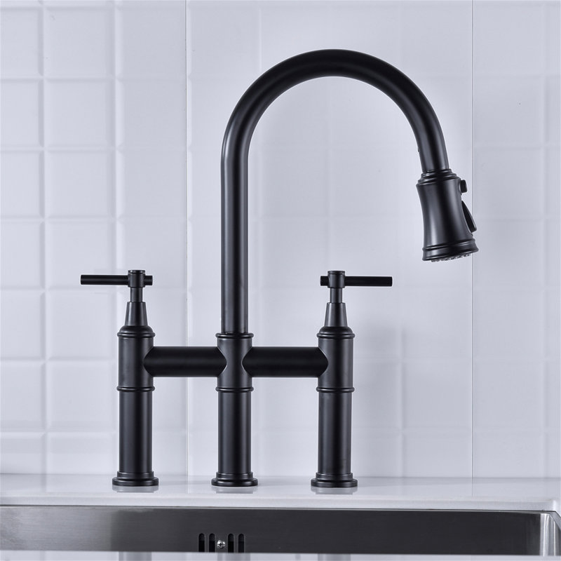 Bridge Kitchen Faucet With Pull-Down Sprayhead In Spot, Matte Black