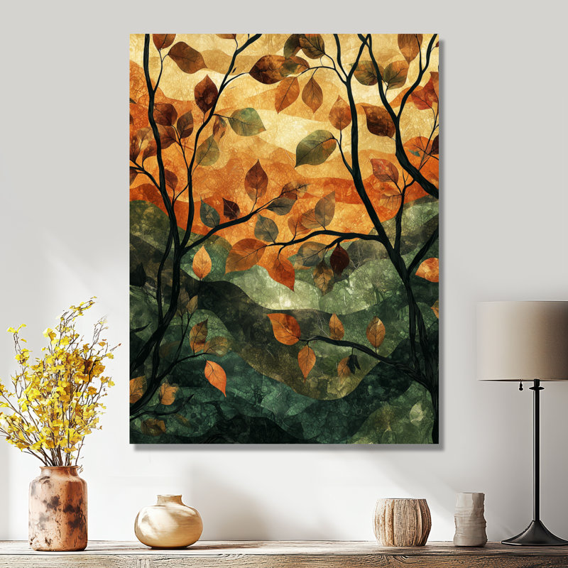 Feuilles de la forêt brune, tranquillité II - impression de feuilles sur métal, H 20 po x l 12 po