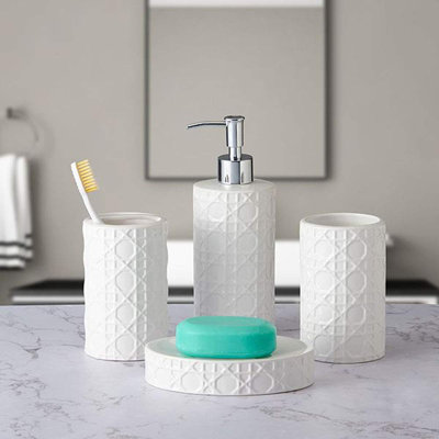 Bathroom Accessories Set Ceramic 4 Pieces Bathroom Ensemble For Bath Decor Includes Lotion Dispenser Toothbrush Holder Tumbler Soap Dish (white Netting)