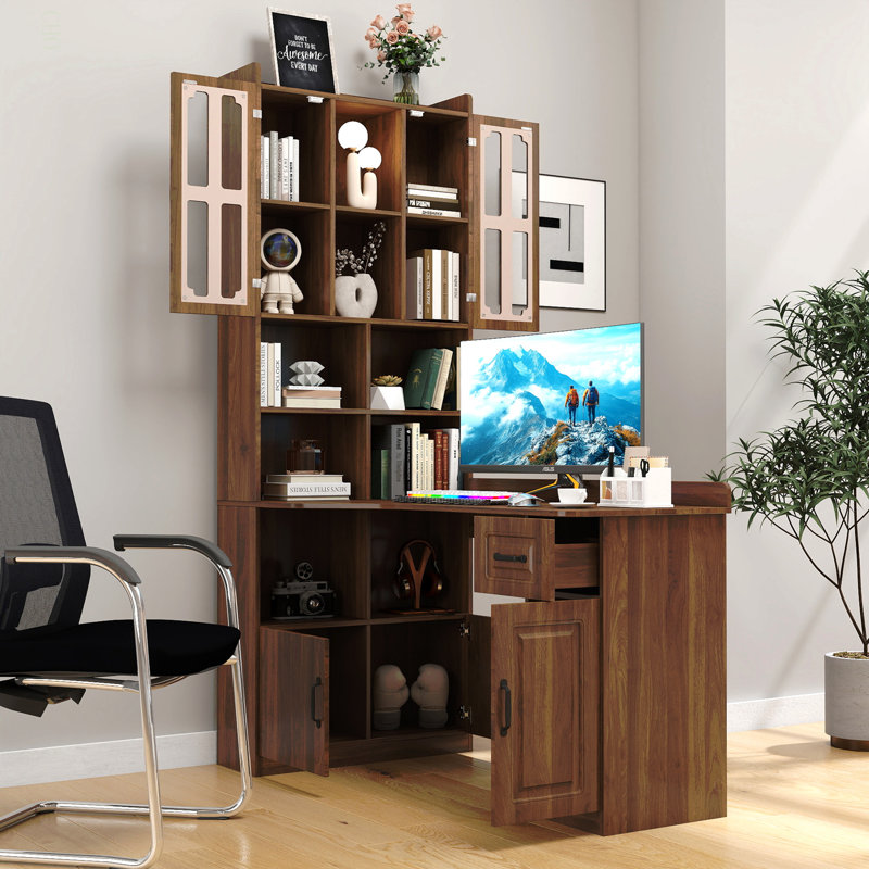 Bureau d'ordinateur d'angle en L pour bureau à domicile ou bureau d'étude, table d'étude de style moderne avec tiroirs, bibliothèque et huche, conception en L 2 en 1, grand espace de travail