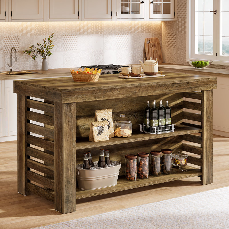 55.12"W Kitchen Island with 2-Tier Open Storage Shelves and Large Worktop, Farmhouse Style