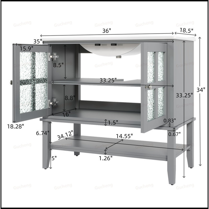 Meuble-lavabo 36 po avec lavabo en céramique et tablette réglable, Gris