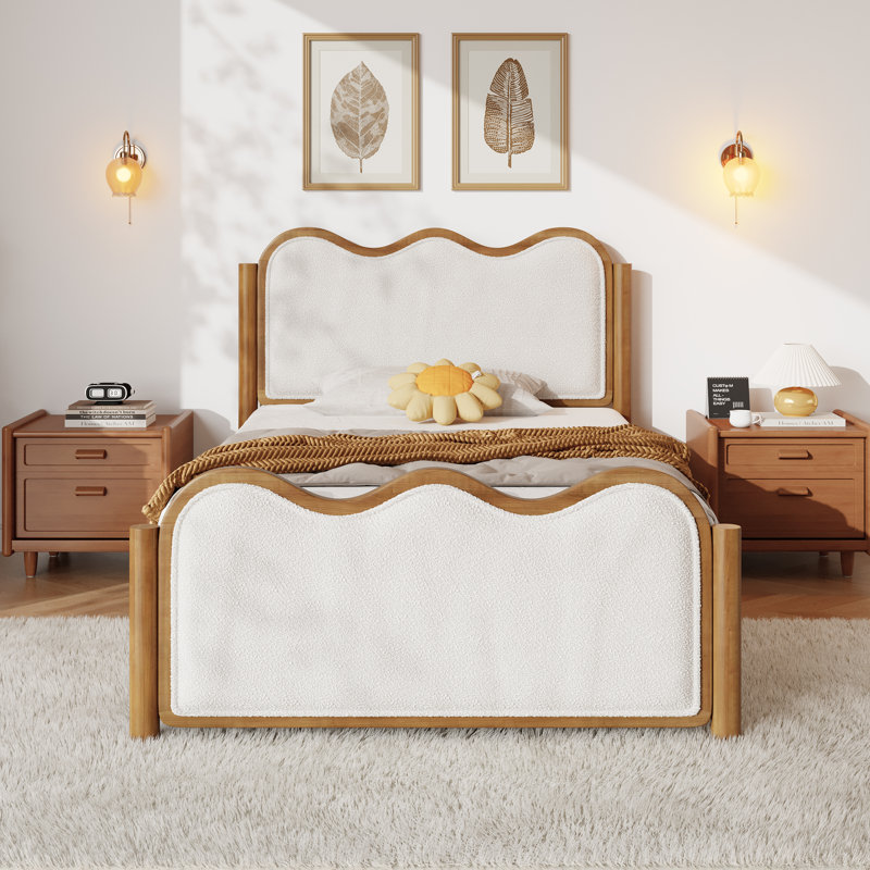 Ondine Mid-Century Modern Bouclé Upholstered Bed Frame With Wavy Curved Headboard, Twin