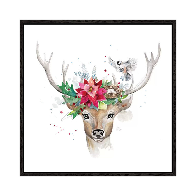 Woodland Deer With Bird by Patricia Pinto - Floater Frame Gallery-Wrapped Canvas Giclée on Canvas, Black
